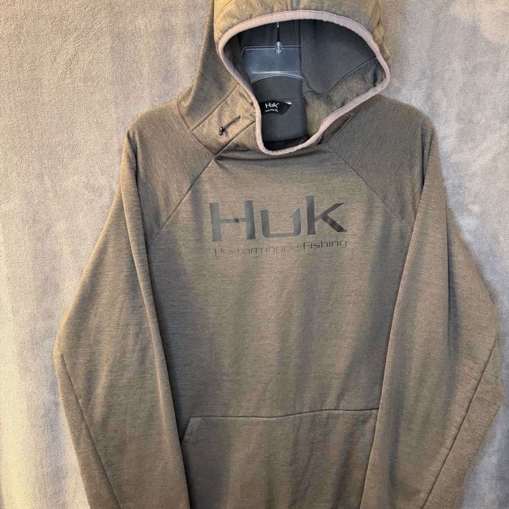 Huk Performance Fishing Hoodie Mens XL Gray Heather Fleece Lined Pullover